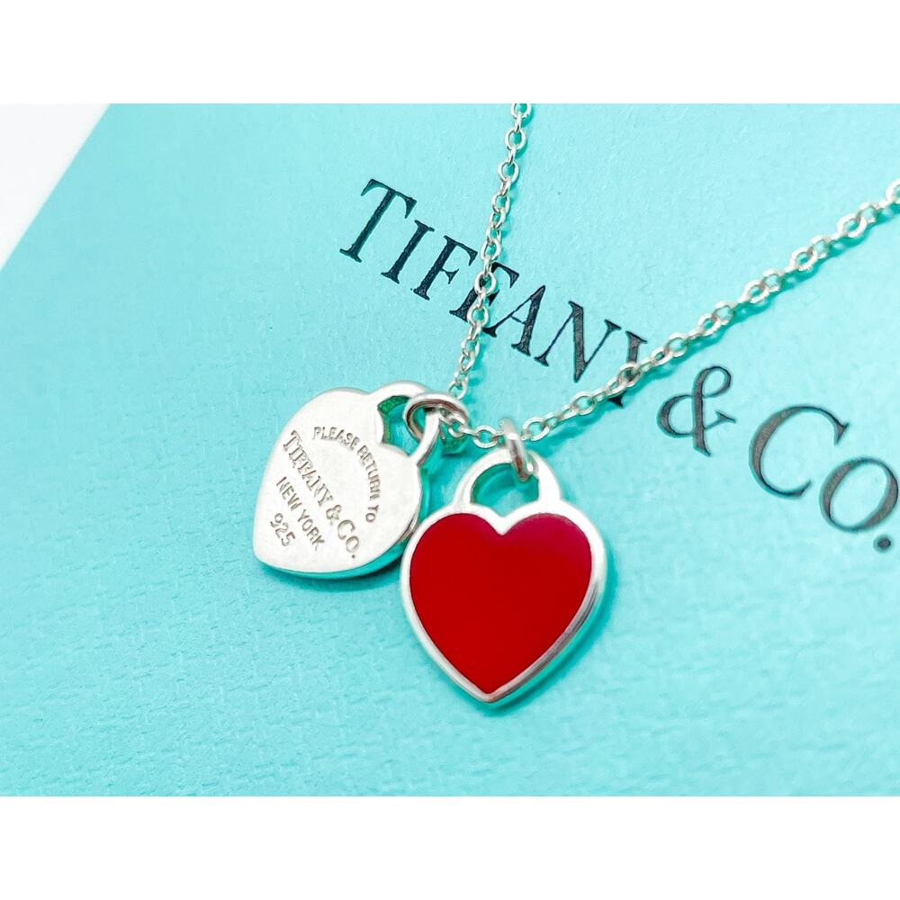 Tiffany & Co. Return Red Mini Double Heart Pendant Necklace 16-18" (ENGRAVED) - Picture 9 of 12